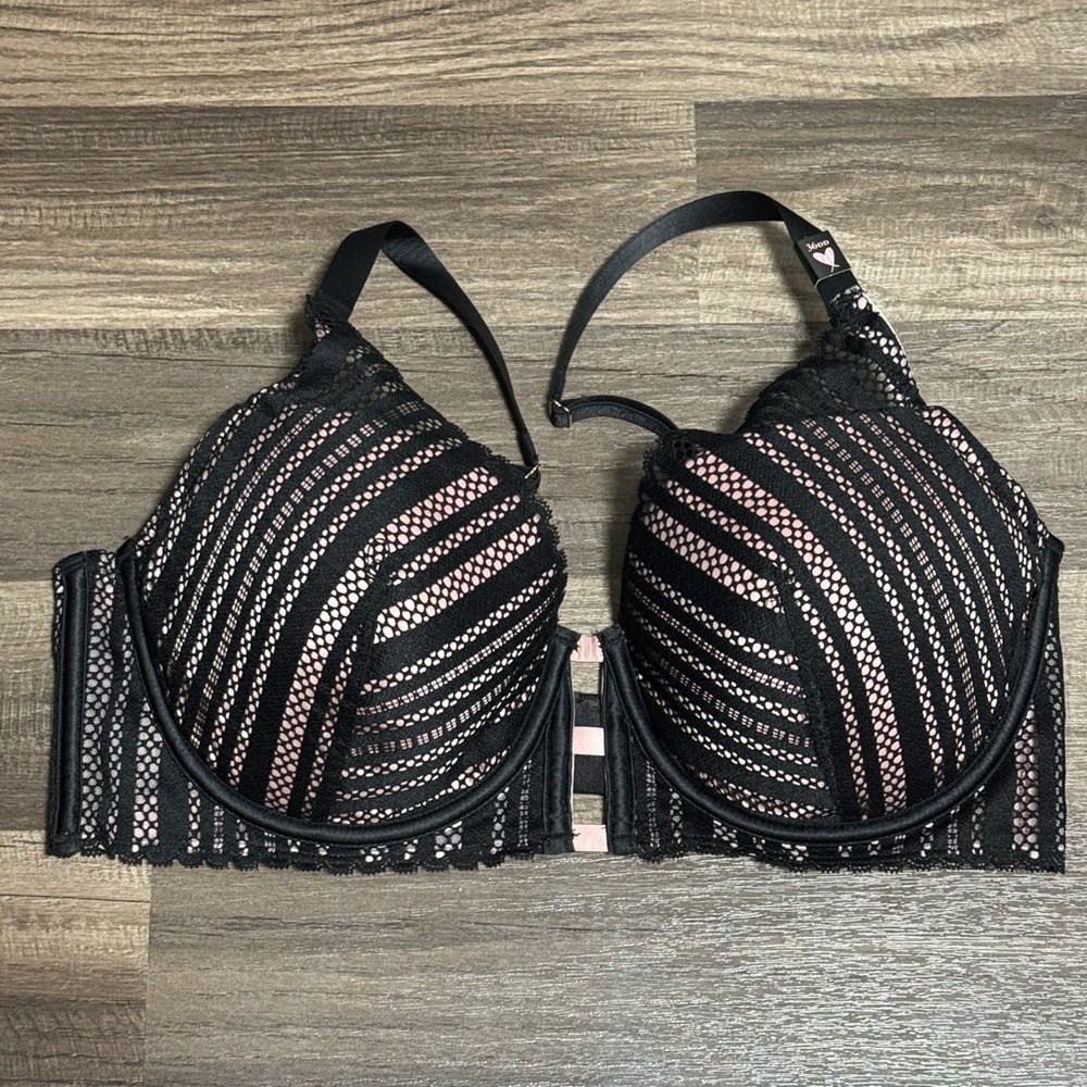 Victoria's Secret Black and Pink Striped Lace Bra